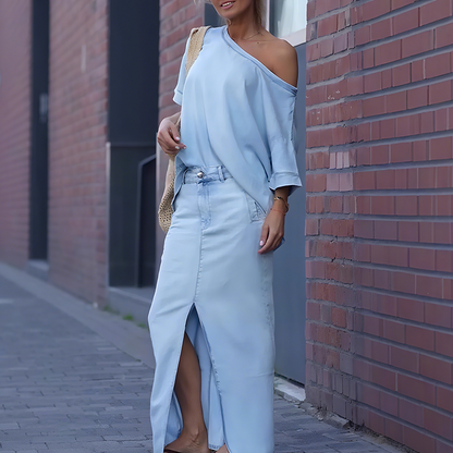 👗✨ Top épaule diagonale + jupe longue en jean fendue – 59% de réduction ! 🔥