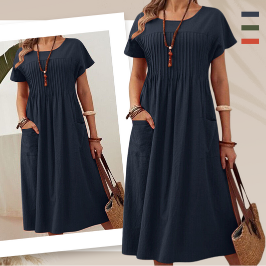 👗 60% DE RÉDUCTION! ✨ Robe Plissée à Manches Courtes avec Poches pour Femmes – Confortable, Légère & Parfaite pour l'Été ☀️