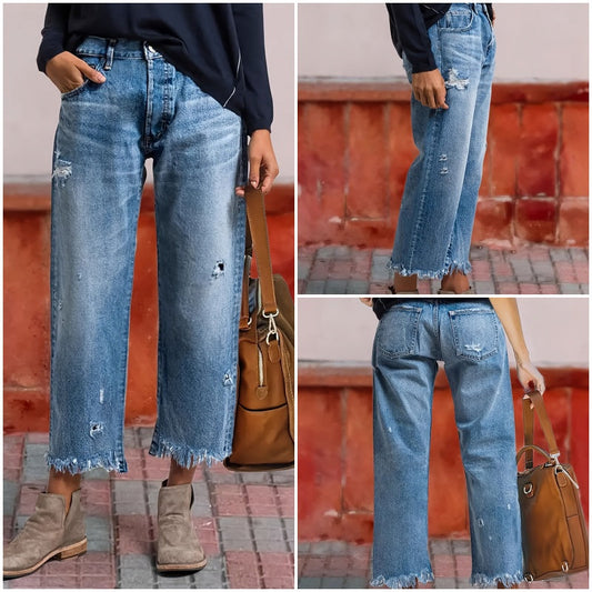 👖 60% DE RÉDUCTION! 💙 Short en Denim Droit à Jambes Courtes – Coupe Élancée, Détails Déchirés & Ourlet Effiloché Vintage ✨