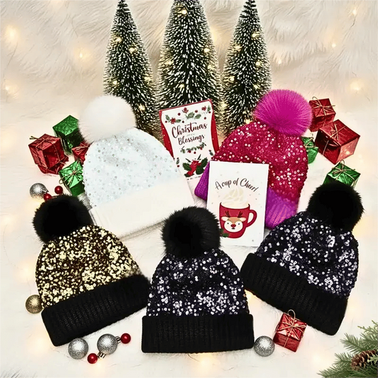 🎄 60% DE RÉDUCTION ! 🎩 Bonnet d‘Hiver à Paillettes – Pompon, Fausse Fourrure Douce & Éclat Festif Instantané ✨