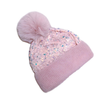 🎄 60% DE RÉDUCTION ! 🎩 Bonnet d‘Hiver à Paillettes – Pompon, Fausse Fourrure Douce & Éclat Festif Instantané ✨