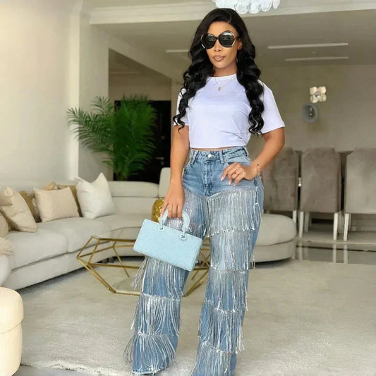 👖 60% DE RÉDUCTION MAINTENANT ! ✨ Jeans à Franges et Paillettes pour Femmes – Taille Élastique, Décor Éclatant & Conception Tendance 💎