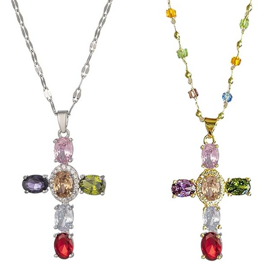 ✝️ ACHETEZ 2, OFFERT 1 ! ✨ Collier avec Pendentif en Croix en Strass Colorés – Éclat Brillant, Design Délicat & Cadeau Parfait 💖