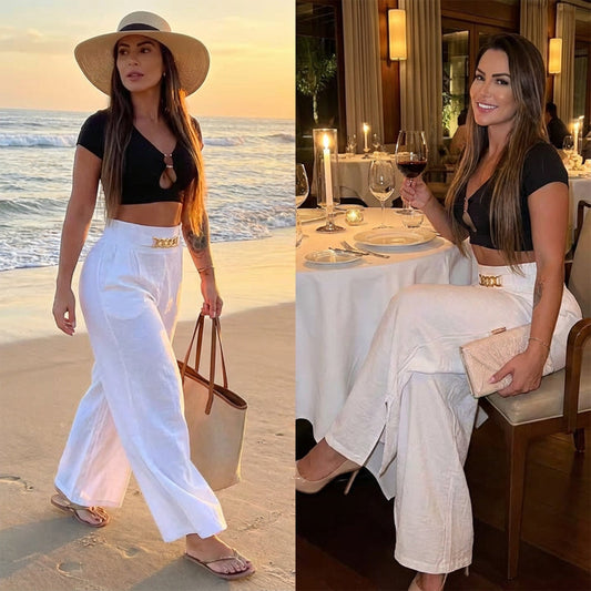 👖 60% DE RÉDUCTION ! 💃 Pantalon Large Taille Haute – Ceinture Décorative, Coupe Élégante & Confort Absolu 👜