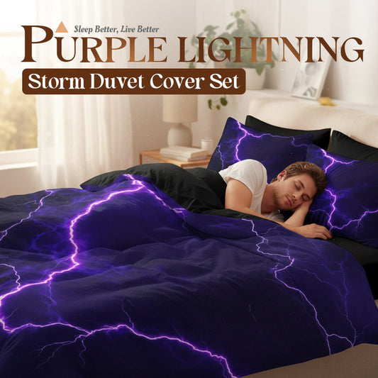 🛏️ 50% DE RÉDUCTION ! ⚡ Housse de couette Purple Lightning – Lot de 3 pièces, Matière respirante & Design électrisant 🌙