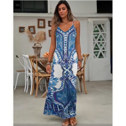 👗 50% DE RÉDUCTION! ✨ Robe Longue Sans Manches à Col V pour Femme – Imprimé Rétro, Tissu Fluide & Look Élégant 🌸