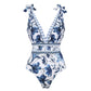 👗 50% DE RÉDUCTION! 🌊 Maillot de Bain Une-Pièce Imprimé à Col en V avec Lacets & Jupe – Coupe Élégante, Jupe Intégrée & Parfait Pour Un Look Féminin À La Plage 🏖️