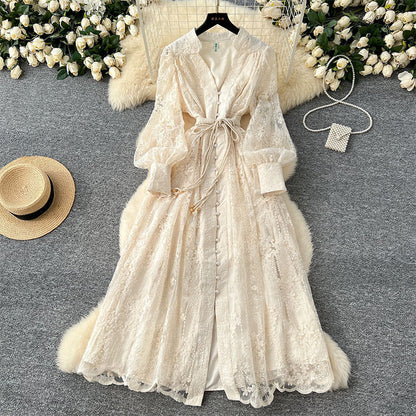 👗 60% DE RÉDUCTION ! ✨ Robe Vintage à Manches Lanternes Brodées – Dentelle Délicate, Coupe Romantique & Élégance Rétro 🌸