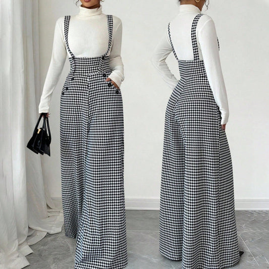 👖 60% DE RÉDUCTION ! 🐾 Pantalon Taille Haute Classique à Bretelles Motif Pied-de-Poule – Coupe Élégante, Motif Intemporel & Charme Vintage 🎀