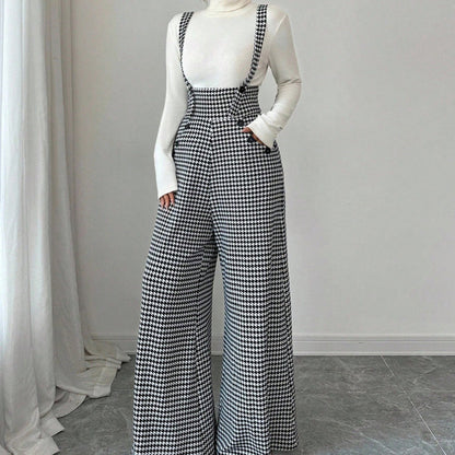 👖 60% DE RÉDUCTION ! 🐾 Pantalon Taille Haute Classique à Bretelles Motif Pied-de-Poule – Coupe Élégante, Motif Intemporel & Charme Vintage 🎀