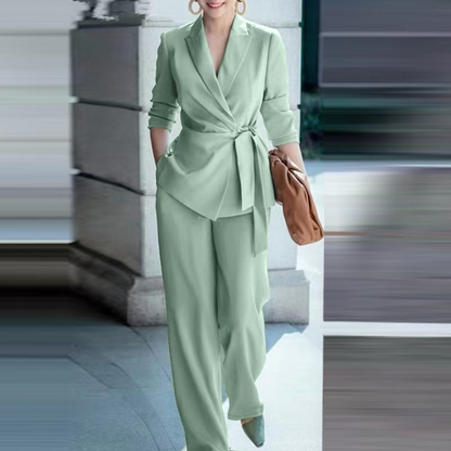 👔 60% DE RÉDUCTION! ✨ Ensemble Blazer & Pantalon Jambes Larges Femme – Ceinture Nœud, Coupe Flatteuse & Style Polyvalent 💃