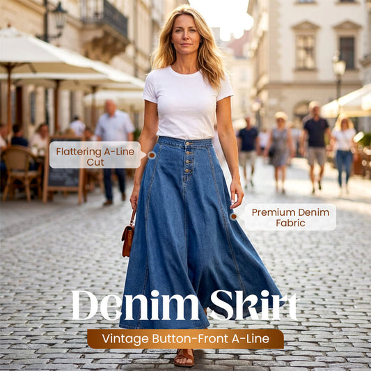 👗 60% DE RÉDUCTION ! ✨ Jupe en Jean Vintage à Boutons sur le Devant – Coupe Trapèze – Style Rétro, Taille Ajustable & Look Décontracté 💙