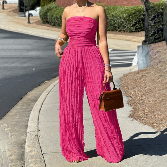 👗 60% de Réduction ✨ Combinaison Sans Bretelles Jambes Larges – Coupe Taille Haute, Tissu Froissé & Look Soirée Glamour 💃