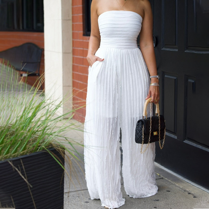 👗 60% de Réduction ✨ Combinaison Sans Bretelles Jambes Larges – Coupe Taille Haute, Tissu Froissé & Look Soirée Glamour 💃