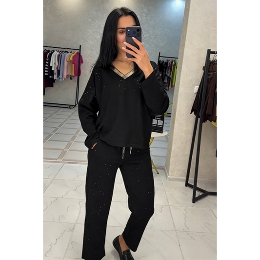🌸 60% DE RÉDUCTION ! 👚 Ensemble Haut à Col en V & Pantalon à Cordon pour Femmes – Tissu Doux, Coupe Décontractée & Look Quotidien 👖