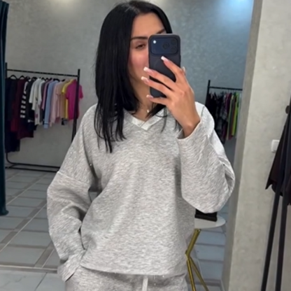 🌸 60% DE RÉDUCTION ! 👚 Ensemble Haut à Col en V & Pantalon à Cordon pour Femmes – Tissu Doux, Coupe Décontractée & Look Quotidien 👖