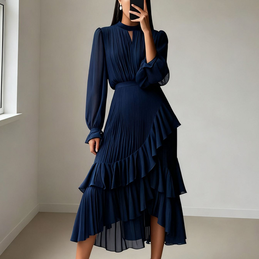 👗 60% DE RÉDUCTION ! ✨ Robe Midi Plissée pour Femme avec Volants & Encolure en Trou de Serrure – Détails Féminins, Tissu Léger & Look Romantique 💃