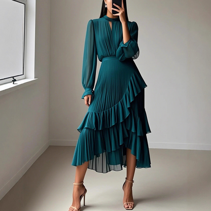 👗 60% DE RÉDUCTION ! ✨ Robe Midi Plissée pour Femme avec Volants & Encolure en Trou de Serrure – Détails Féminins, Tissu Léger & Look Romantique 💃