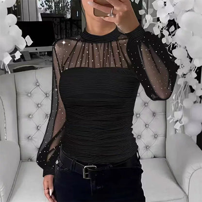 🤍 60% DE RÉDUCTION ! ✨ Haut à Manches Longues pour Femme avec Perles & Insert en Tulle – Élégant, Polyvalent & Parfait pour les Occasions Spéciales 💎