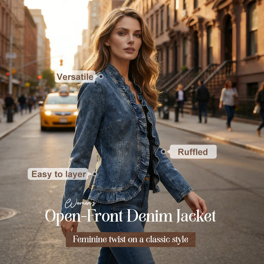 👗 50 % DE RÉDUCTION ⏰ Veste en jean à boutons pour femme, avec volants et ouverture sur le devant – Tendance, légère & parfaite pour la mi-saison 🌸