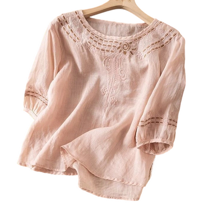👚 60% DE RÉDUCTION 🌸 Blouse femme brodée coton-lin – Broderie florale, manches 3/4 & 4 couleurs – Tailles S-3XL – idéale pour le printemps ou l’été – légère et chic 🌿