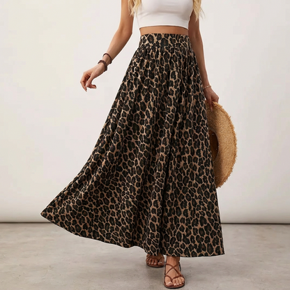 👗 60% DE RÉDUCTION! 🐆 Jupe Longue Fluide à Taille Haute – Imprimé Léopard, Taille Élastique & Volants 🌸