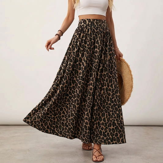 👗 60% DE RÉDUCTION! 🐆 Jupe Longue Fluide à Taille Haute – Imprimé Léopard, Taille Élastique & Volants 🌸