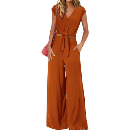 👚 60% DE RÉDUCTION! 💃 Ensemble Haut à Col V Noué & Pantalon Large – Tissu Fluide, Taille Élastique & Look Élégant 🩳