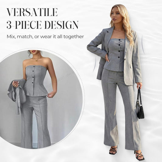 👚 60% DE RÉDUCTION! 💃 Ensemble 3 Pièces pour Femme avec Pantalon Évasé – Haut à Manches Longues, Pantalon Taille Haute & Ceinture Associée ✨