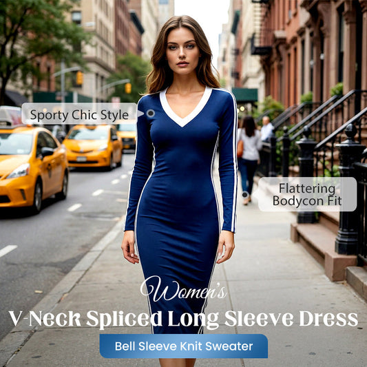 👗 50% DE RÉDUCTION ! ⭐ Robe près du corps femme à manches longues, col V & détails sportifs à rayures – Coupe flatteuse, confortable & idéale toute l’année 🌸