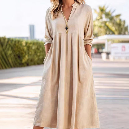 👗 50% DE RÉDUCTION! 🌸 Robe Midi Casual Femme Col V – Avec Poches Pratiques, Tissu Doux & Coupe Fluide ✨