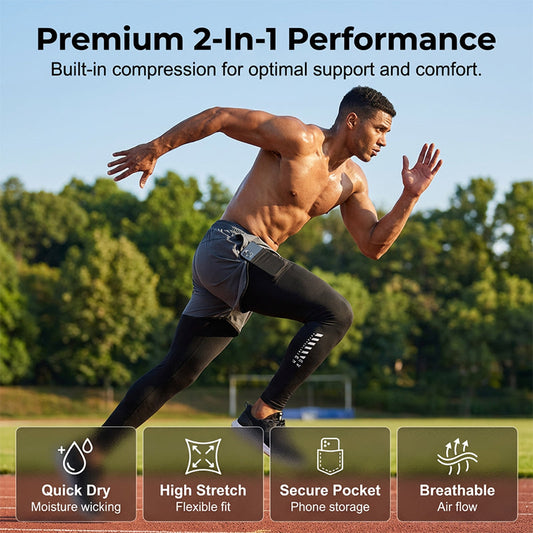🏃‍♂️ 57% de réduction 👖 Collant de running 2-en-1 avec short pour homme – Respirant, anti-frottement & poche pour téléphone – parfait pour le sport 📱