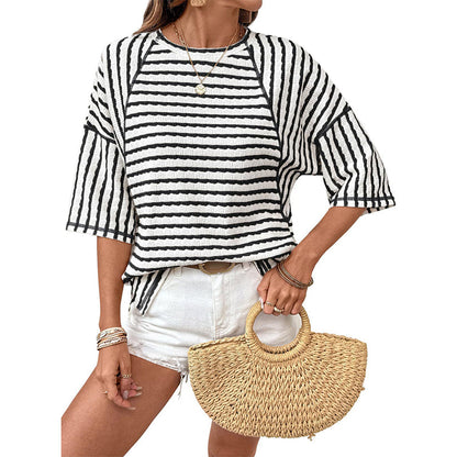 👚 50% DE RÉDUCTION 🔥 T-shirt à rayures coupe ample pour femme – Tissu léger, respirant & intemporel – parfait pour un look décontracté au quotidien, à la plage ou en voyage 🌊