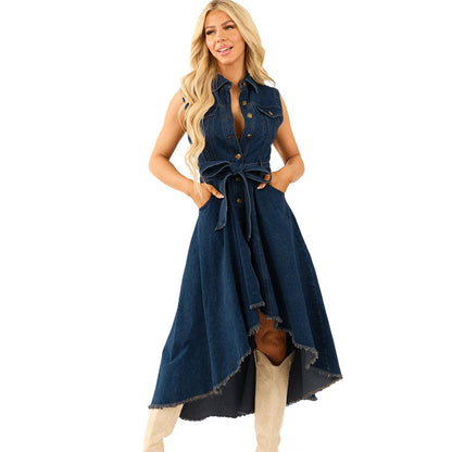 👗 50% DE RÉDUCTION! ✨ Robe en Jean Sans Manches à Ourlet Asymétrique – Coupe Moderne, Denim Durable & Look Décontracté 🌸