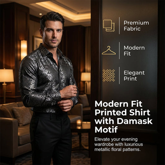 👔 60% DE RÉDUCTION! ✨ Chemise Imprimée Damasquée – Coupe Ajustée, Texture Soie & Col Impeccable Pour Un Look Élégant 💎