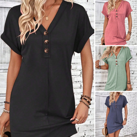 👗 50% DE RÉDUCTION ✨ Robe femme à col en V & manches roulées – Coupe intemporelle, boutons & tissu doux – Élégante, respirante & parfaite pour le bureau, les brunchs ou les journées printanières 🌸