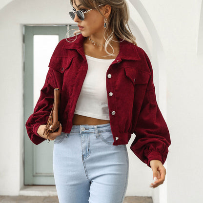 🧥 50% DE RÉDUCTION! ✨ Veste Courte en Velours Côtelé à Manches Ballon pour Femme – Élégante, Douce & Parfaite Pour La Mi-Saison 🌸