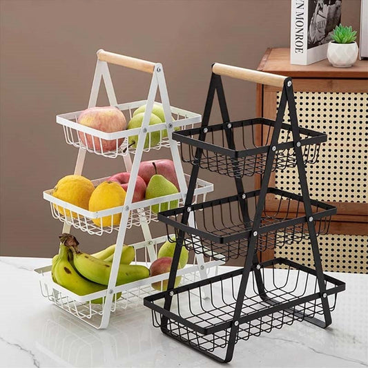🍎 60% DE RÉDUCTION! ✨ Panier à Fruits Métallique 3 Étages avec Poignée en Bois – Design Élégant, Gain de Place & Parfait Pour La Cuisine 🏠