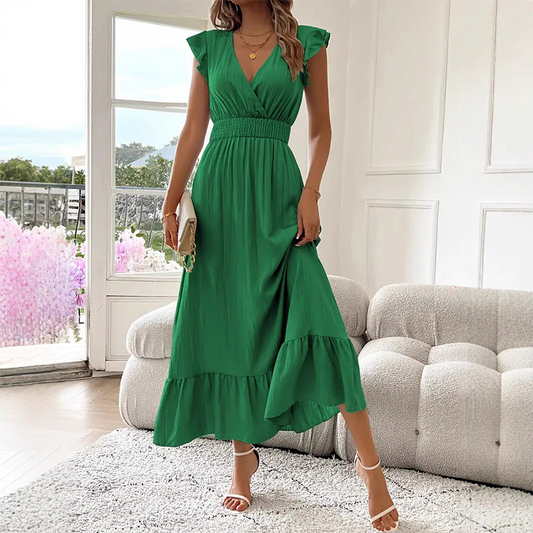 👗 50% DE RÉDUCTION! ✨ Robe Longue à Col en V avec Taille Froncée & Volants – Fluide, Élégante & Parfaite Pour Les Journées Ensoleillées 🌸