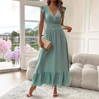 👗 50% DE RÉDUCTION! ✨ Robe Longue à Col en V avec Taille Froncée & Volants – Fluide, Élégante & Parfaite Pour Les Journées Ensoleillées 🌸