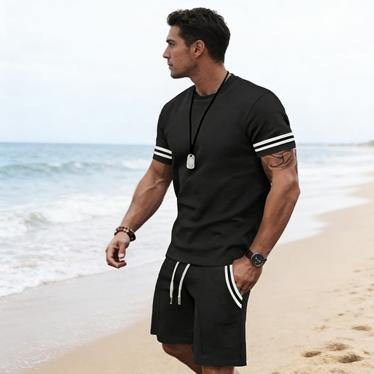👕 63% DE RÉDUCTION! 🔥 Ensemble 2 Pièces pour Homme – T-Shirt Rayé & Short, Look Décontracté, Tissu Léger & Parfait Pour Les Journées Chaudes ☀️
