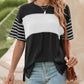 👚 50% DE RÉDUCTION 🌈 Haut décontracté à manches courtes pour femme – Col rond, rayures & patchwork de couleurs – Tissu doux, léger & look original – parfait pour le printemps, l’été ou un style casual unique ✨