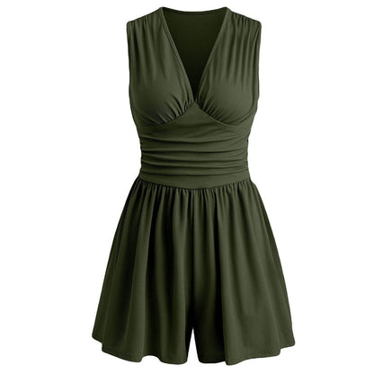 👗 50 % DE RÉDUCTION 🌸 Combinaison courte V-neck taille pinces – Sans manches, taille plissée – Doux, respirant & flatteuse pour les journées ensoleillées 🦋