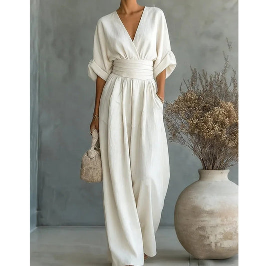 👗 50% DE RÉDUCTION! ✨ Combinaison Élégante Col V à Jambes Larges – Tissu Fluide, Coupe Flatteuse & Parfaite Pour Toute Occasion 💃