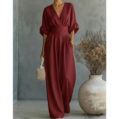👗 50% DE RÉDUCTION! ✨ Combinaison Élégante Col V à Jambes Larges – Tissu Fluide, Coupe Flatteuse & Parfaite Pour Toute Occasion 💃