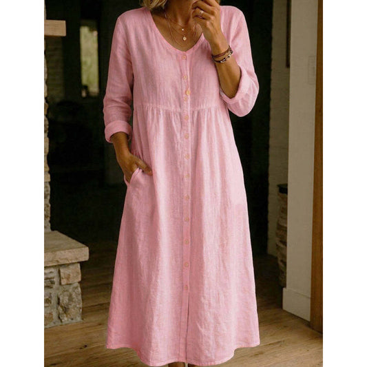 👗 60% DE RÉDUCTION! ✨ Élégante Robe Midi en Lin Col V avec Boutons – Confortable, Style Décontracté & Parfaite Pour Un Usage Quotidien 🌸