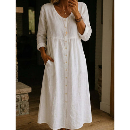 👗 60% DE RÉDUCTION! ✨ Élégante Robe Midi en Lin Col V avec Boutons – Confortable, Style Décontracté & Parfaite Pour Un Usage Quotidien 🌸