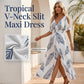 👗 50% DE RÉDUCTION 🌞 Robe maxi tropicale à imprimé avec fente et épaules dénudées – Fluide, légère & parfaite pour les vacances, la plage ou les soirées d’été 🌺