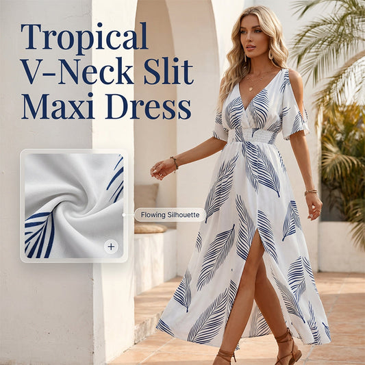 👗 50% DE RÉDUCTION 🌞 Robe maxi tropicale à imprimé avec fente et épaules dénudées – Fluide, légère & parfaite pour les vacances, la plage ou les soirées d’été 🌺