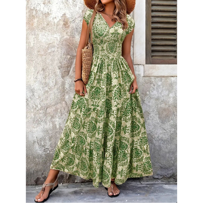 👗 60% DE RÉDUCTION! 🌸 Robe Longue à Col V & Imprimé Floral – Smocks Élastiqués, Tissu Léger & Parfaite Pour L'Automne 🍁